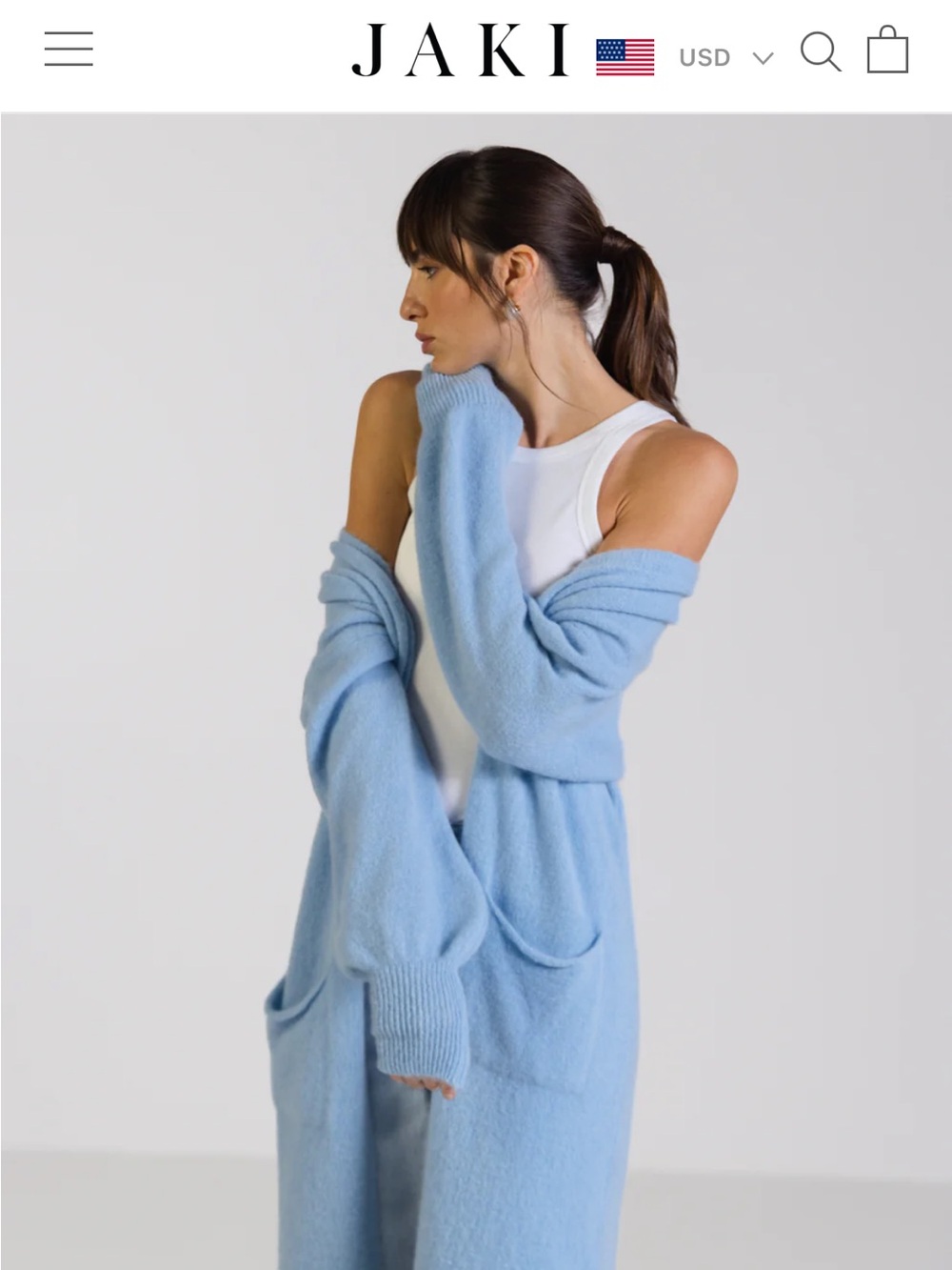 JAKI Women's Light Blue Longline Cardigan Coat. Never worn. XS/S